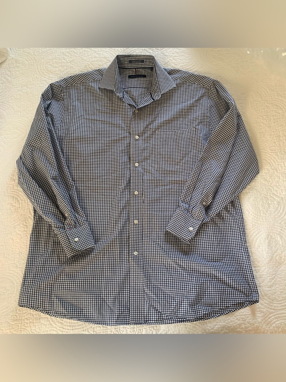 Tommy Hilfiger Mens Shirt Gingham Stretch Button Down Navy White Sz L 16/16.5